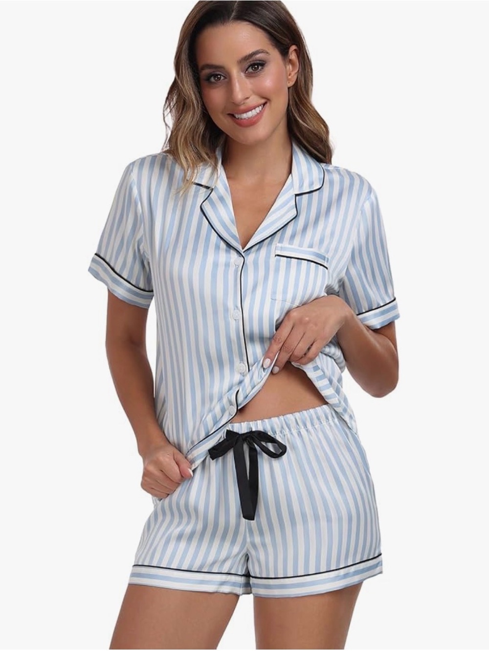 Women’s Blue and White Striped Short Satin Pajama Set